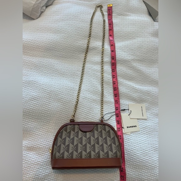 NWT Sandro Marron Brown Small Canvas Leather Logo Chain Strap Crossbody Bag - Picture 12 of 16